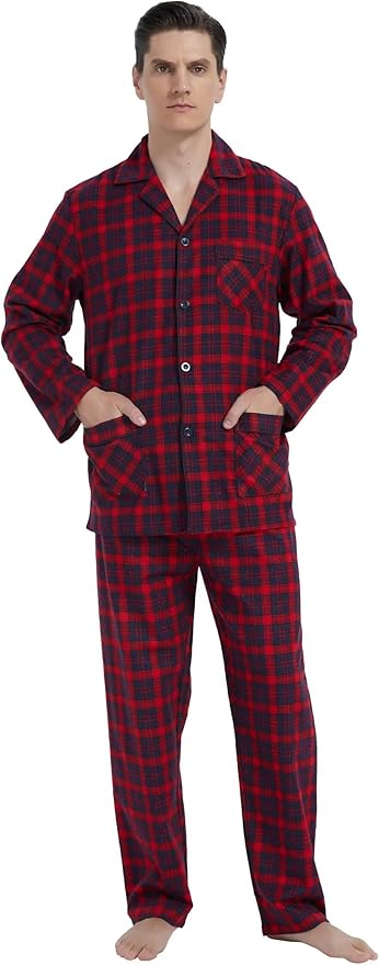 GLOBAL Men's Pajamas Sets 100% Cotton Flannel Sleepwear Long-Sleeve top & Bottom