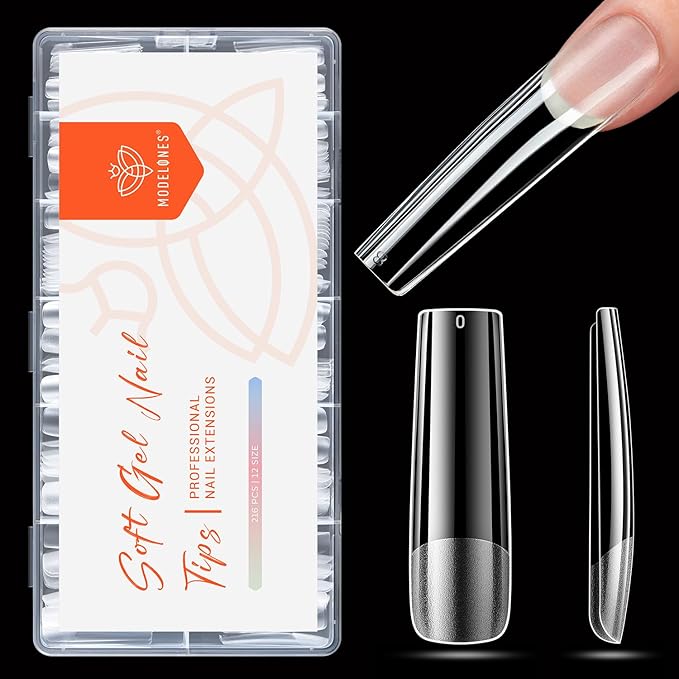 modelones XXL Long Square Nail Tips, Pre-shaped Soft Gel Tips Fake Nails False Acrylic Clear Full Cover Press on Extension Kit Gel Manicure DIY at Home 216PCS 12Sizes