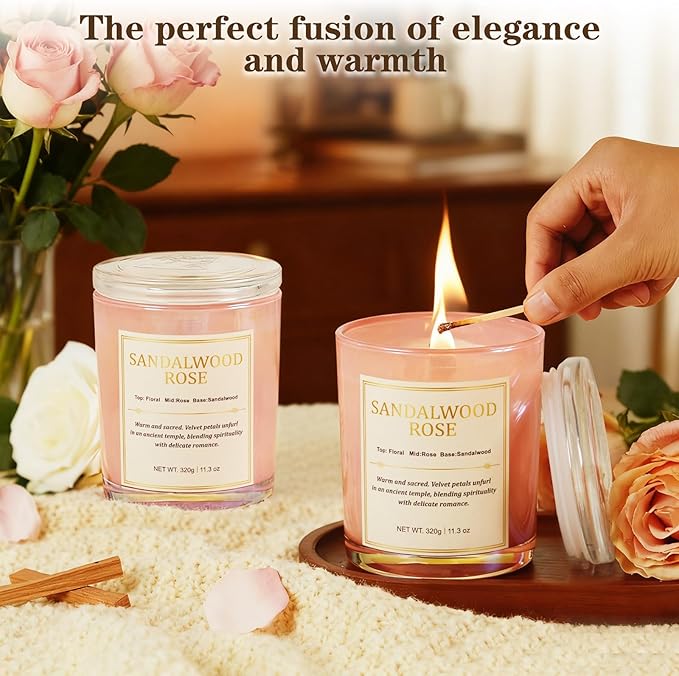 2 Pack Candles for Home Scented,Wood Wick Sandalwood Rose Scented Candle,22.6 oz 150 Hour Long Burning Lasting, Natural Soy Wax Candles Gifts Set,for Christmas Day
