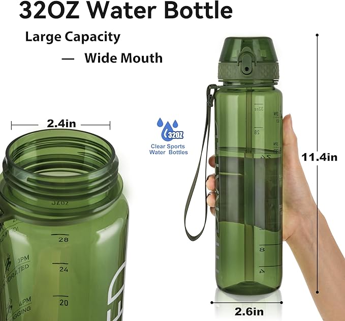 GOPPUS Water Bottle,Clear Water Bottles with Straw,32oz Sports Bottle With Time Markers-BPA-Free Tritan Wide Mouth Bottle Leakproof Motivational wate bottles for Gym,Hiking,School or Office(1 Bottle)