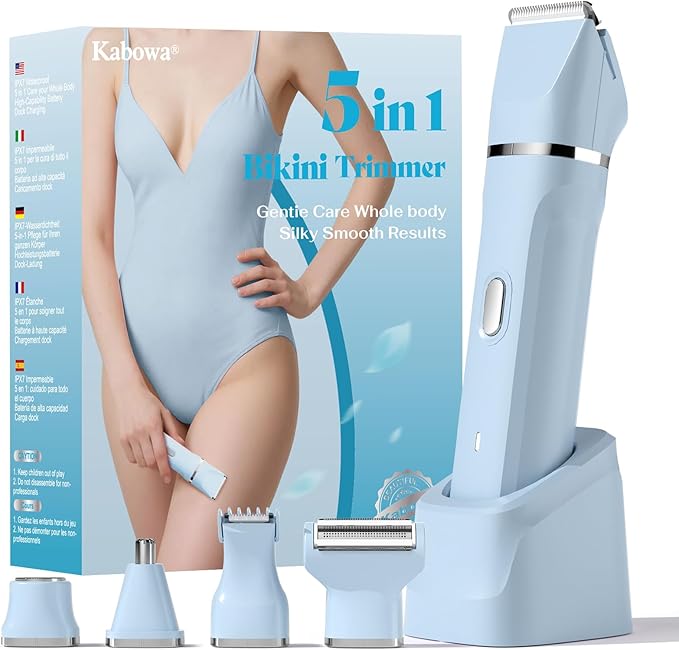 Bikini Trimmer for Women - 5 in 1 Electric Razors for Lady Pubic Facial Nose Body Leg Hair Removal, Waterproof Electric Shaver for Women Private Area Sensitive Skin, Personal Hair Trimmer