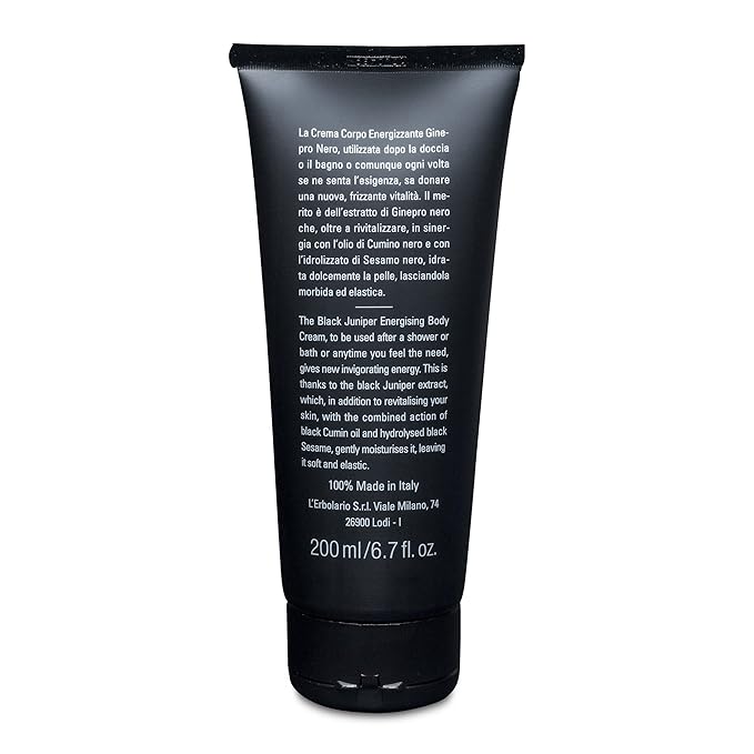 L’Erbolario Energizing Body Cream – Moisturizing Body Butter – Replenishing and Nourishing Skin Care with Citrus, Woody Scent - Black Juniper – 6.7 oz