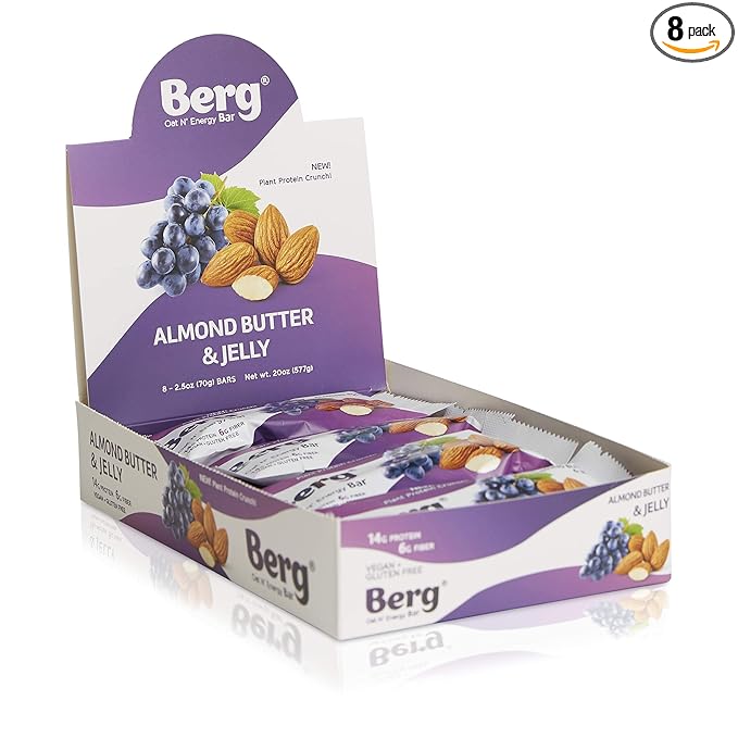 Berg Oat N' Energy Bar | Almond Butter Jelly | Plant Based Protein Bar | Non-GMO, Gluten Free, Nut Free and Vegan | Low Sugar, Healthy Snack Bar | High Fiber | On The Go | 2.5oz (8 Packs)