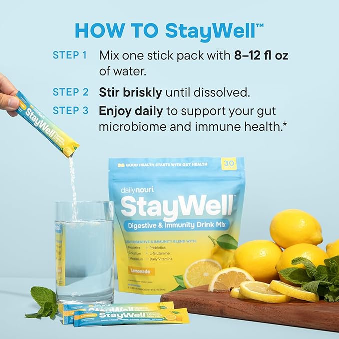 Daily Nouri StayWell Digestive & Immunity Drink Mix | Gut Health, Digestion & Bloating Relief | Probiotics, Prebiotics, Colostrum, L-Glutamine, Magnesium, Zinc, Vitamins | 30 Stick Packs