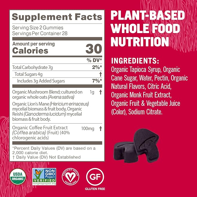 OM MUSHROOM SUPERFOOD Organic Mushroom Gummies – Functional Adaptogen Supplements for Immune Health, Energy, Gut Support & Stress Relief - Lion’s Mane Blend – Brain Fuel – Raspberry Flavor | 56 Count