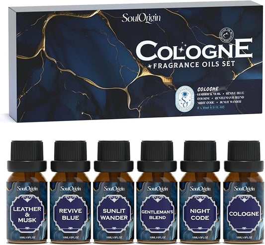 Cologne Fragrance Oils Set, Essential Oil for Diffuser, Men Scent Diffuser Oil, Use for Soap Candle Making, Cologne, Leather&Musk, Revive Blue, Sunlit Wander, Gentleman's Blend, Night Code