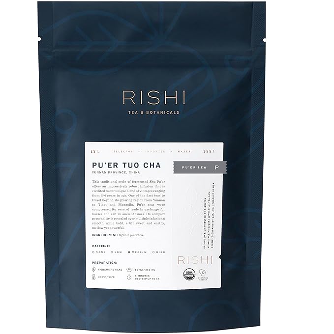 Rishi Tea Ancient Pu'er Tuo Cha Herbal Tea - Organic Direct Trade Loose Leaf, Medium Caffeine Aged Ripe Pu-erh for Digestion Support - 16 Ounces, 60+ Servings