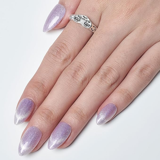 GLAMERMAID French Tip Magnet Cat Eyes Press on Nails Short Almond, Light Purple Handmade Jelly Gel Fake Nail, Ombre Glitter Magnetic Glue on Nail Stiletto, Medium Oval Stick False Nail Set for Women