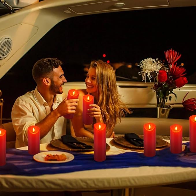 24 Pack Christmas Decoration Flickering Flameless Candles,LED Candles Battery Operated Pillar Candles with Remote Control.for New Year, Home Decor, Parties,Wedding(D2.2 xH 5" 6" 7" Red)