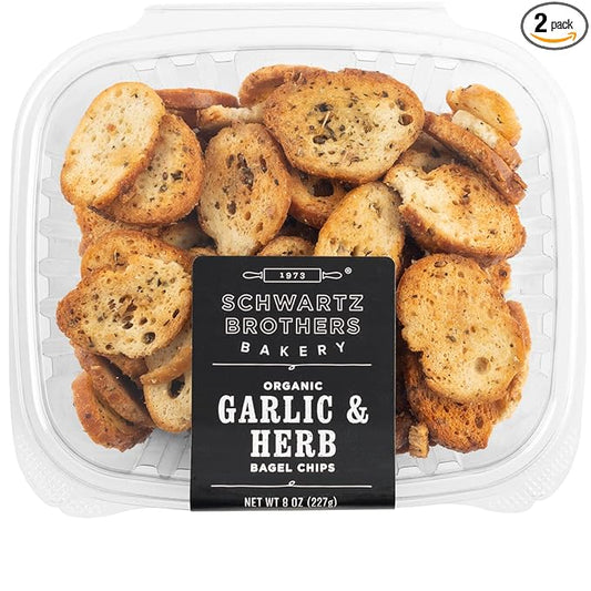 Garlic & Herb Bagel Chips NY Style Bagel Crisps. Organic, Vegan, Kosher. From the artisans of Schwartz Brothers Bakery. Baked Fresh. Twice Baked. 8 ounce container. Great Snack. Delicious. Pack of 2.