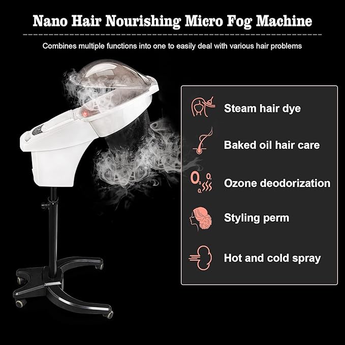 Hair Steamer Hair Mister Hooded Ozone O3 Micro Mist Hair Care Professional Machine White UV Protect Paint Unit Barber Shop Red Blue Light Black Natural Hair Deep Conditioning Wheel Base ET1408BM