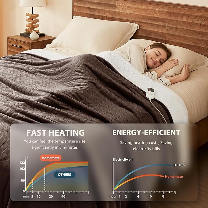 Homemate Electric Heated Blanket King - 100"x90" Heating Bed Blankets Throw with 10 Heating Levels 8 Hours Auto Off Fast Heating Over-Heated Protection Ultra Soft Warm Flannel ETL Certified Brown