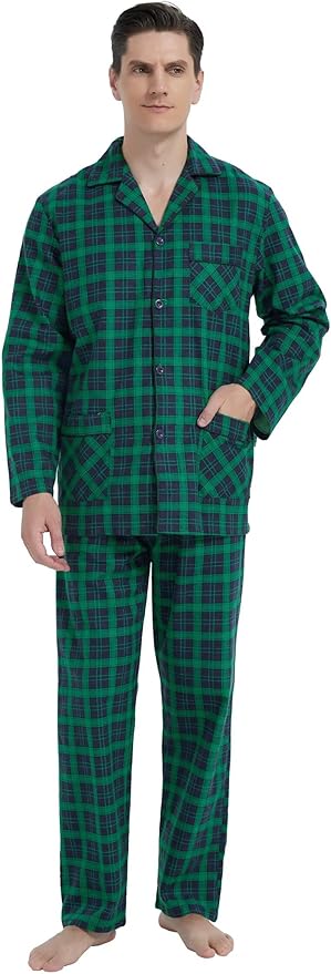 GLOBAL Men's Pajamas Sets 100% Cotton Flannel Sleepwear Long-Sleeve top & Bottom