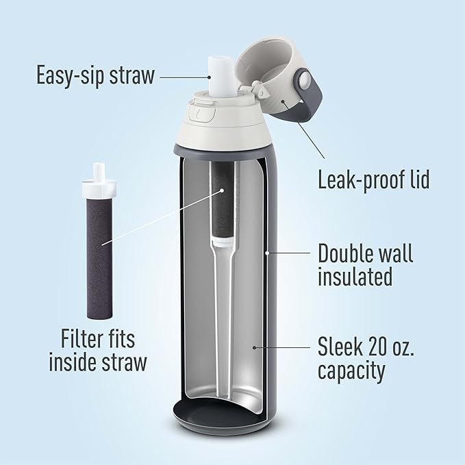 Brita Stainless Steel Premium Filtering Water Bottle, BPA-Free, Reusable, Insulated, Replaces 300 Plastic Water Bottles, Filter Lasts 2 Months or 40 Gallons, Includes 1 Filter, Carbon - 20 oz.