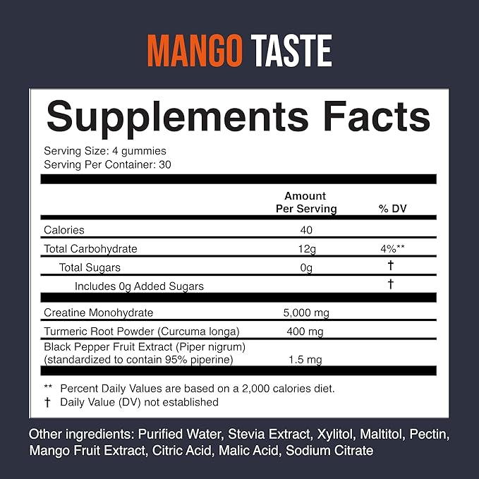 EcoWise Wellness Creatine Monohydrate Gummies 5000 mg, Mango Flavor, Sugar-Free Vegan Chews, Creatine Supplement for Daily Routine