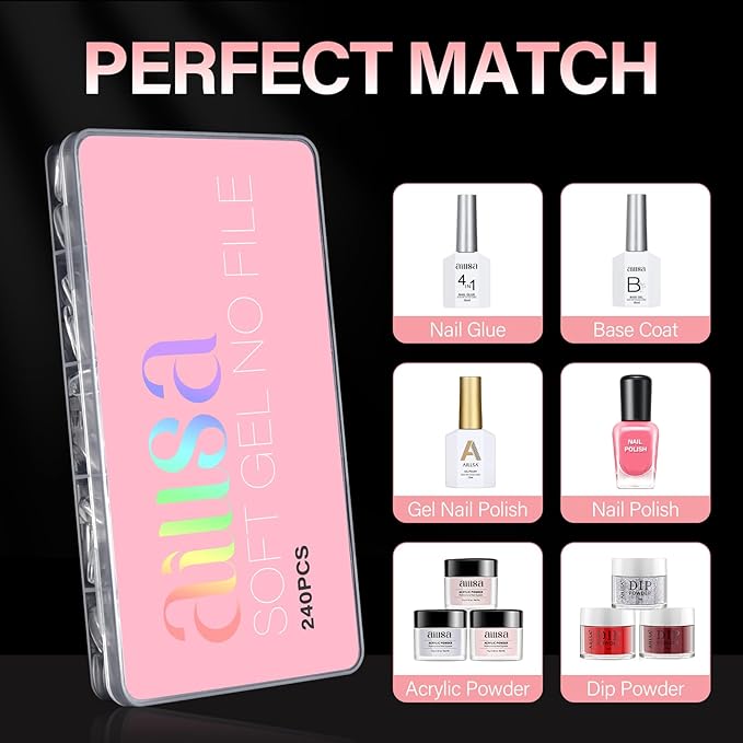AILLSA Medium Square Fake Nail Tips 240Pcs Square Press on Nails Pre-Shaped Gelly Nail Tips, Half Matte Full Cover Clear Acrylic Gel Kit for Nail Extension Salon DIY at Home 8 Sizes False Tips