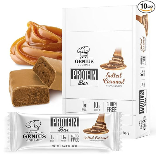 Genius Gourmet Protein Bar, Salted Caramel Keto Snack, Low Carb, Low Sugar & Gluten Free, Protein Snacks for Adults, 10G of Whey Protein per Protein Bar, 5 Net Carbs, 10 Count
