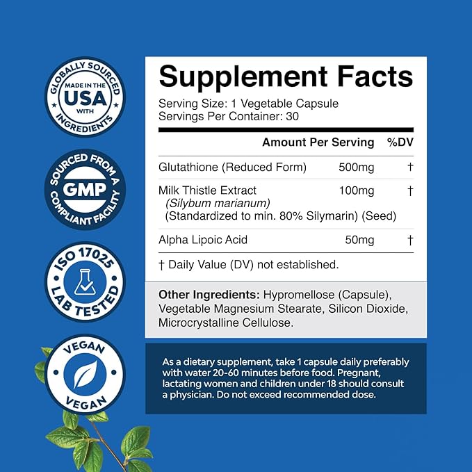 Reduced Glutathione Supplement with Milk Thistle - 500 mg per Serving Pure L Glutathione with Alpha Lipoic Acid & Milk Thistle Silymarin for Skin Radiance, Liver Support & Immune Support - 30 Count