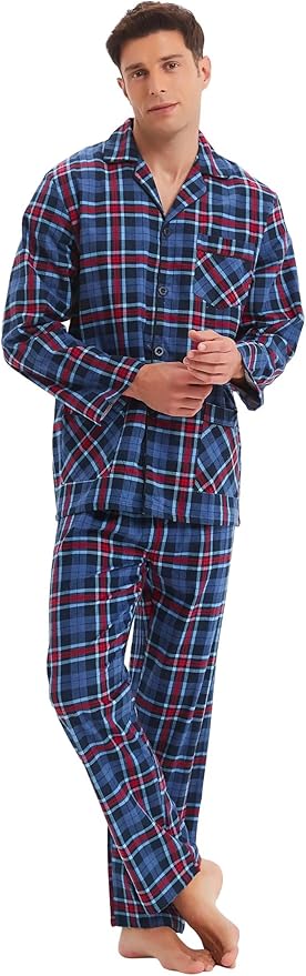 GLOBAL Men's Pajamas Sets 100% Cotton Flannel Sleepwear Long-Sleeve top & Bottom