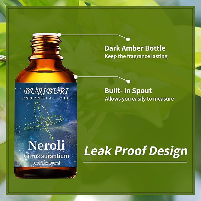 BURIBURI 100ML Neroli Essential Oil Gifts Set, 100% Pure Orange Blossom Oils Undiluted Aromatherapy Neroli Oil 3.38fl.oz for Soap, Candle Making, Massage, Diffuser, Humidifier