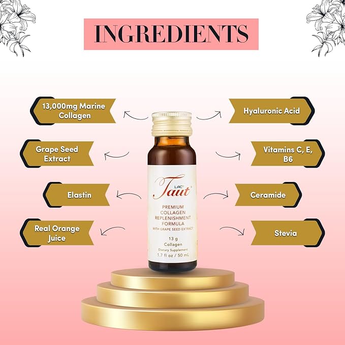 TAUT Liquid Collagen for Women – 13,000mg Marine Collagen Drink with Hyaluronic Acid, Grape Seed & Elastin – Visible Skin, Hair & Joint Support – 1 Box (8 Bottles Each)