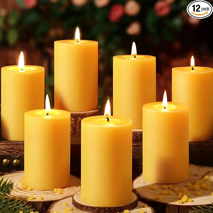 12 Pack Natural Beeswax Pillar Candles,100% Pure Beeswax Candles-384 Hours Long Burning,Unscented Bees Wax Candles for Home,Prayer,Emergency,Dripless Smokeless Organic Pillar Candles Bluk-2x3in
