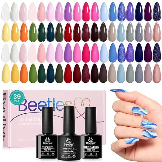 Beetles Winter Gel Nail Polish, 36 Colors Palette Green Brown Pink Yellow Blue Nude Glitter Color Gel Polish with Base Top Coat Soak Off UV LED All Seasons Gift for Women Girls