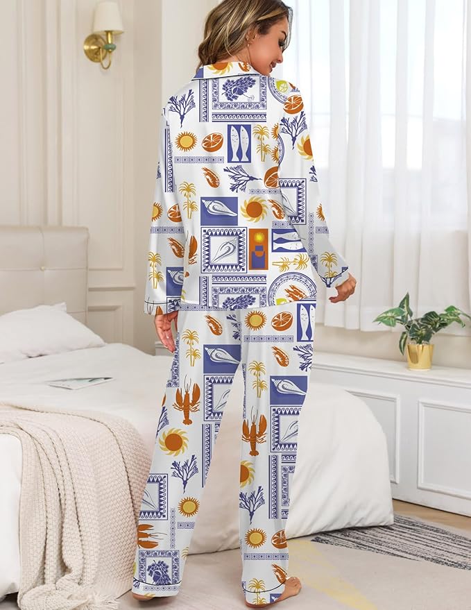 Veseacky Womens Satin Pajama Set Silk Pjs Button Down Long Sleeve Sleepwear Loungewear Sleepwear 2 Piece Pjs Set S-XXL