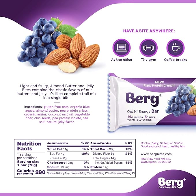 Berg Oat N' Energy Bar | Almond Butter Jelly | Plant Based Protein Bar | Non-GMO, Gluten Free, Nut Free and Vegan | Low Sugar, Healthy Snack Bar | High Fiber | On The Go | 2.5oz (8 Packs)