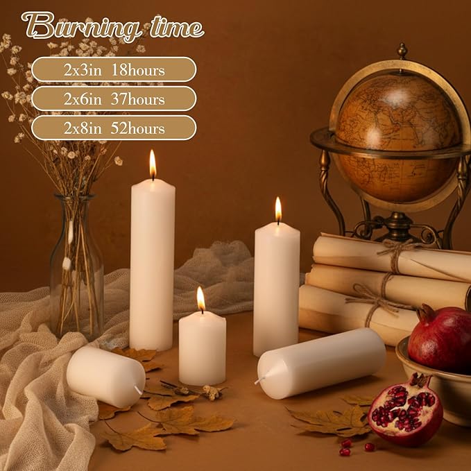 MTLEE Set of 72 White Pillar Candles 2 x 3, 2 x 6, 2 x 8 Inch Smokeless and Dripless Unscented Large Candles Long Clean Burning Rustic Pillar Candle for Wedding Dinner Home Decor