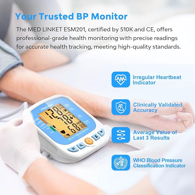 ESM201 Blood Pressure Monitors for Home Use, 9-17" Wide Range Adjustable Blood Pressure Cuff and Big Numbers Display Backlit, Irregular Heartbeat Detector