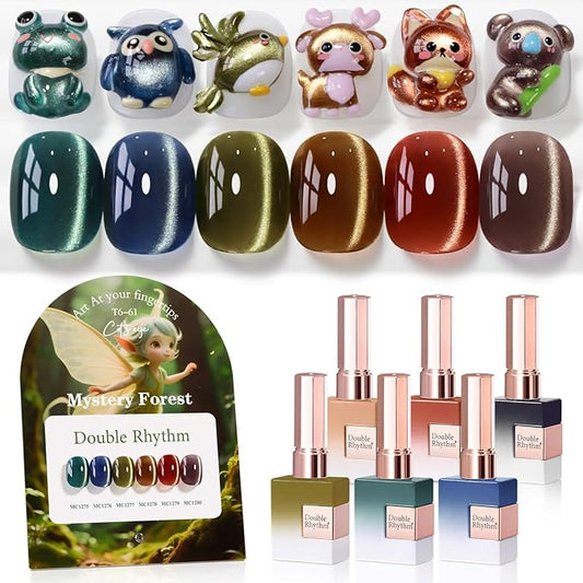 Double Rhythm Cat Eye Gel Nail Polish Set of 6 Same Color Same Bottle 0.5 Oz Shimmer Glitter with Magnet Holographic Reflective Magnetic UV Nail Polish Kit at Home (Green Navy Blue Black-T6-61)