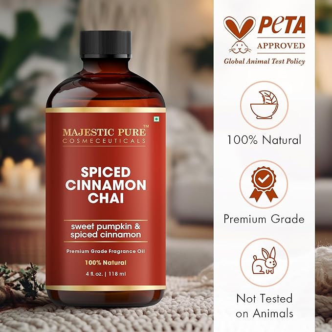 MAJESTIC PURE Spiced Cinnamon Chai Premium Oil | 100% Pure & Natural | Cinnamon, Clove, Pumpkin Oil Used in Diffusers, DIY, Self Care | 4 Fl Oz