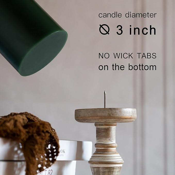 MOZEAL 3" x 6" Hand-Poured Unscented Candle,Dripless Pillar Candle Set of 3,Long Lasting Burning,Approx 120 Hours Burn Time,Rustic Country Style,for Wedding,Dinner,Christmas and Home Decor,Dark Green
