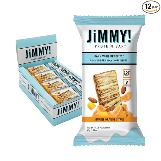 JiMMYBAR! - Immune! Orange Citrus Blast Protein Bars - 9g Protein Bar - 12 Count - 58g of Real Food - 300% of Daily Vitamin C - Chewy & Soft Meal Replacement Bar - Hand Drizzled Topping