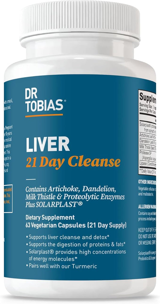 Dr. Tobias Liver 21 Day Cleanse, Herbal Liver Detox Cleanse with Solarplast, Artichoke, Milk Thistle & Dandelion Extract, 63 Vegetable Capsules (3 Daily)