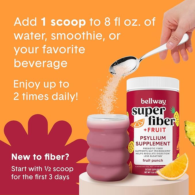 Bellway Super Fiber Powder + Fruit, Sugar Free Organic Psyllium Husk Powder Fiber Supplement for Regularity, Bloating Relief & Digestive Health, Plant-Based, Fruit Punch (50 Servings)