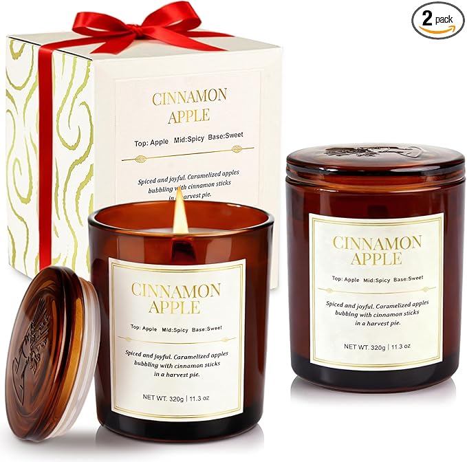 Holiday Candle Gift Set–2 Pack Wood Wick Cinnamon Apple Scented Candles,Long Lasting Natural Soy Wax Candles with Gift Boxes,Cozy Fall Aromatherapy Candle for Home Decor,Thanksgiving&Christmas Gifts