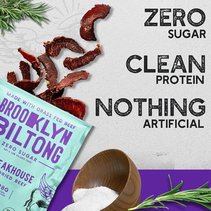 Brooklyn Biltong Air Dried Grass Fed Beef Snack, South African Beef Jerky (2 oz, Pack of 2) - Whole30 Approved, Paleo, Keto, Gluten Free, Sugar Free, Made in USA - (Steakhouse)