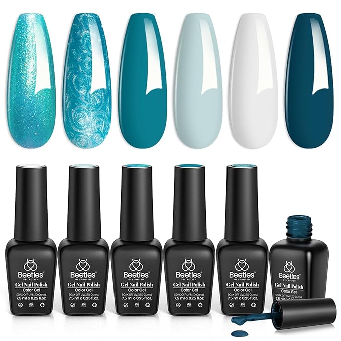 Beetles Blue Gel Polish Set - Mermaid Treasures Collection, Glitter Pearl Polish Navy Dark Blue Colors Gel Nail Art Design Soak off Uv Led Nail Lamp