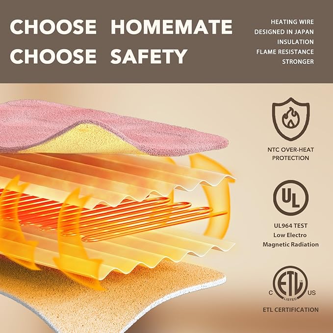 Homemate Heated Blanket Electric Throw - 50"x60" Heating Blanket Throw 1/2/4/6/8 Hours Auto-Off 10 Heat Level Over-Heat Protection Flannel Sherpa ETL Certification