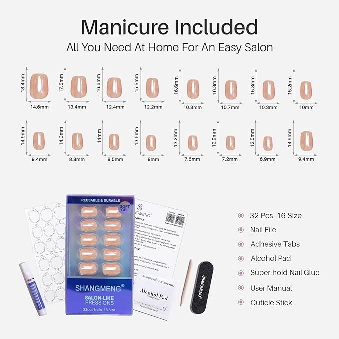 Nude Chrome Press on Nails Square - Soft Gel Short Press on Nails for Women Gift, Fit Perfectly & Natural Glue on Nails in16 Sizes - 32 Reusable Fake Nails with Glue, Aurora Nude