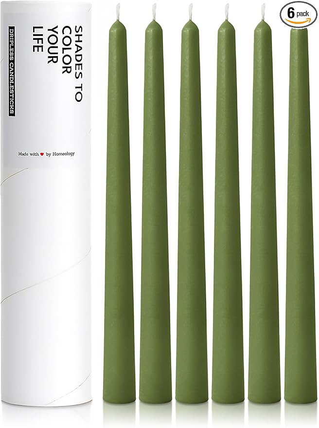 6 PK 10" Classic Taper Candles, Moss Green, 7-8 Hours Long Burning, Unscented Tall Candlesticks