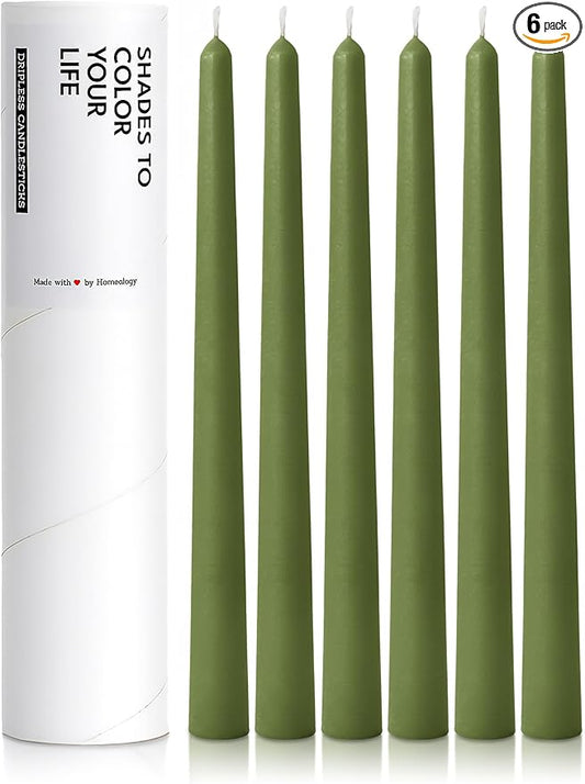 6 PK 10" Classic Taper Candles, Moss Green, 7-8 Hours Long Burning, Unscented Tall Candlesticks