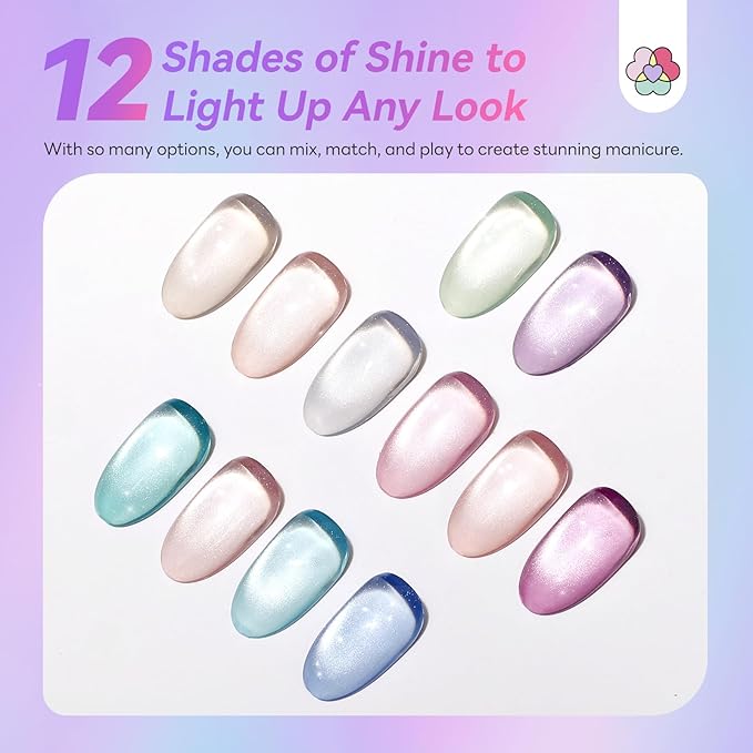 SAVILAND Cat Eye Gel Nail Polish: 12 Colors Shimmer Glitter Cateye Gel Polish Art Delicate Magnetic Nail Polish Pen Quick Dry with Magnet Stick Smooth DIY Manicure Salon Velvet Nails 5ml