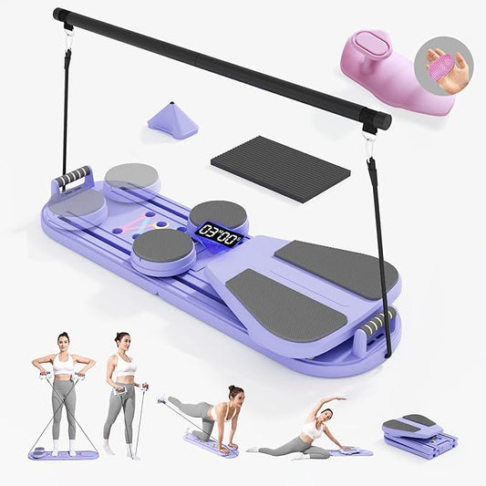 Pilates Board Reformer Premium 15-in-1 Upgraded Foldable - Portable Home Gym Digital Display, Resistance Bands,Balance Board and Timer - Ideal for Abs, Core and Full-Body Workout for Women