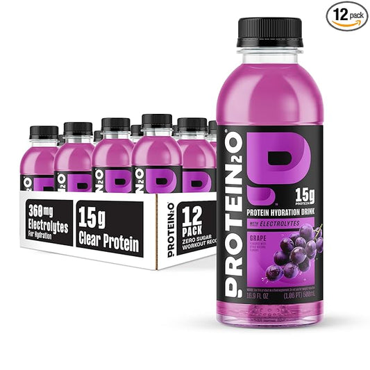 Protein2o Hydration Drink - 2-in-1 Liquid Clear Whey Protein Isolate and Electrolyte Drink - 15g Protein, Vitamins B5, B6 - Post-Workout Recovery - 16.9 Fl Oz - 12 Count Grape