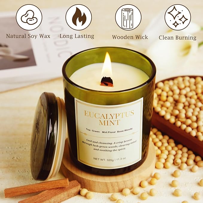2 Pack Candles for Home Scented,Wood Wick Eucalyptus Mint Scented Candle,22.6 oz 150 Hour Long Burning Lasting, Natural Soy Wax Candles Gifts Set,for Christmas Day
