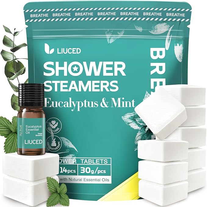 Shower Steamers Aromatherapy - 14 Pack Eucalyptus & Mint Shower Bombs and 5ml Natural Eucalyptus Essential Oils, Nasal Relief, Self Care Stress Relief Gifts for Mom Wife, Christmas Gifts for Women Men