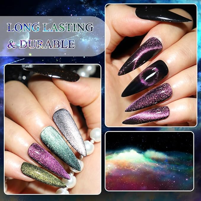 MIZHSE 2 In 1 9D Cat Eye Gel Nail Polish Kit, Upgraded Magnetic Gel Polish Set with Magnet, Shiny Chameleon Magic Galaxy Effect Soak Off Gel Nail Art Gift for Women